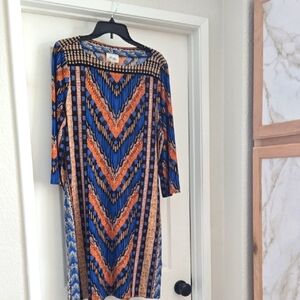 Beige by eci Blue and Orange Sheath Dress with Bateau Neckline
